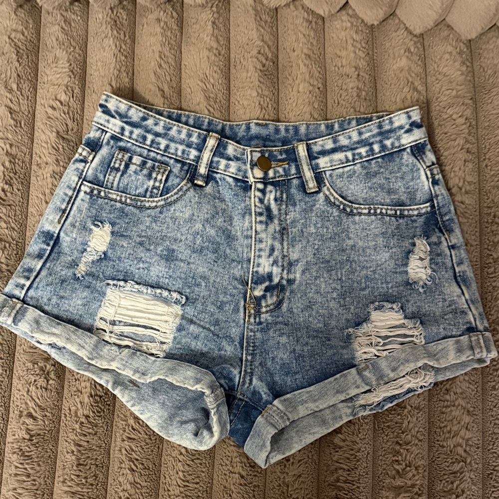 High-Rise Distressed Blue Denim Shorts